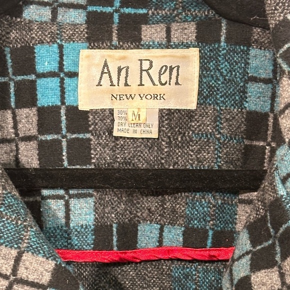 An Ren New York Wool Blend Jacket Medium Gray Blue Black Geometric Peplum Retro - Picture 5 of 8